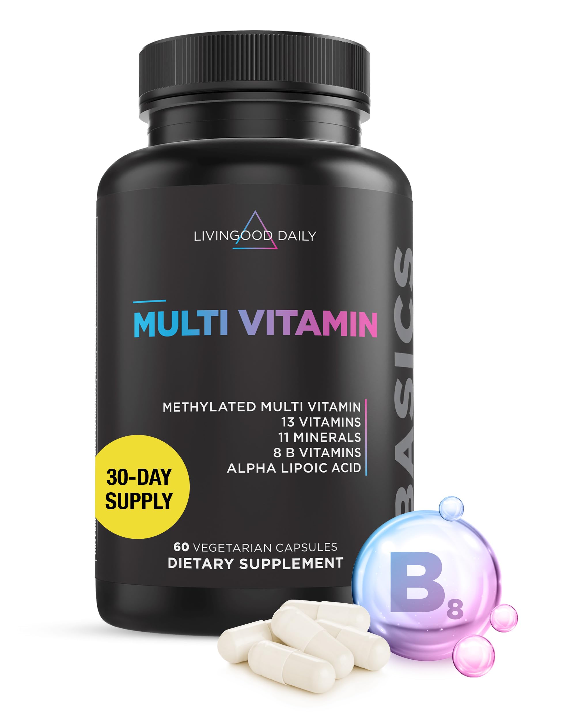 Livingood Daily Methylated Multivitamin for Women & Men, Multi Vitamin - Mineral Supplement Capsules with Iron, B Complex, Selenium, & Zinc - Non-GMO, Gluten-Free, Vegetarian Multi Vitamins for Adults