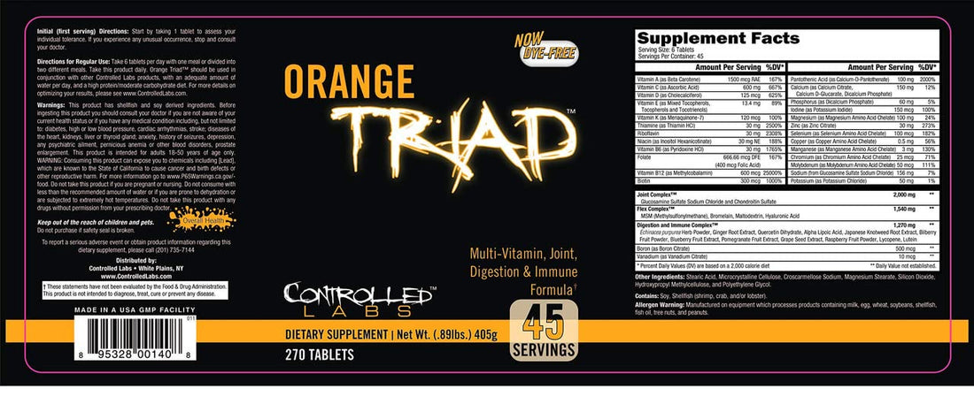 CONTROLLED LABS Orange Triad Daily Multivitamin, Iron Free Sports Supplement for Workout, Digestion, Immune, and Joints, 45 serv - Tablets