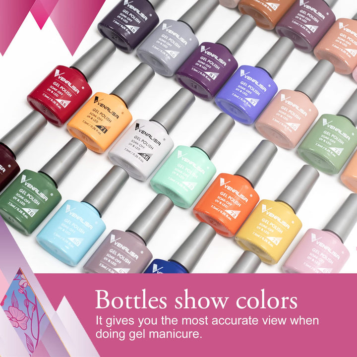 VENALISA VIP2 Set 65 Pcs Gel Nail Polish Kit with Base Top Coat ,Soak Off UV LED Nail Gel Polish with Colors Nail Art Starter Manicure Salon