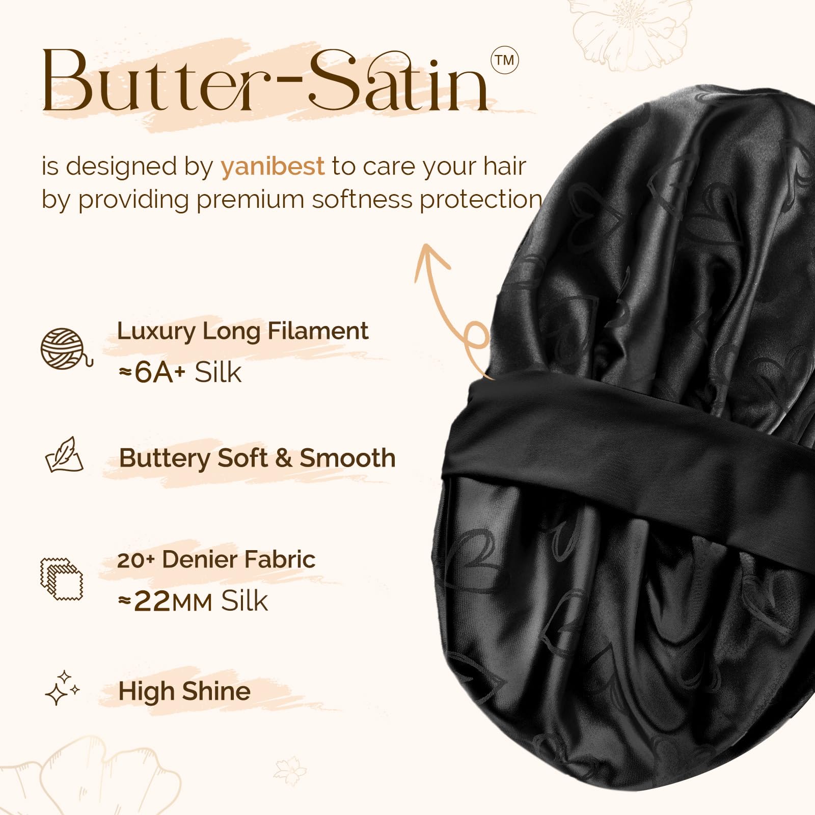 YANIBEST Adjustable Satin Bonnet for Sleeping, Double Layer Silk Bonnet with Tie Band for Women, Sleep Cap Curly Natural Hair, Black