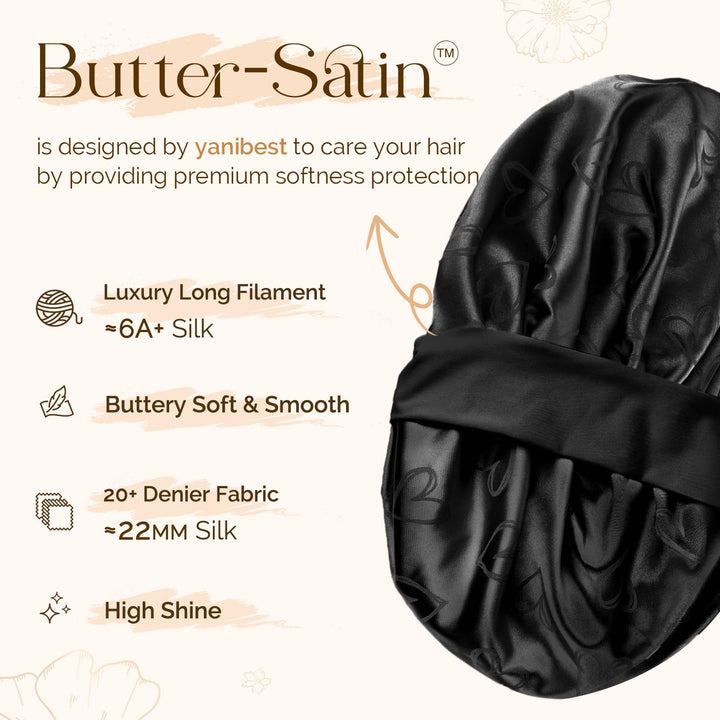 YANIBEST Adjustable Satin Bonnet for Sleeping, Double Layer Silk Bonnet with Tie Band for Women, Sleep Cap Curly Natural Hair, Black
