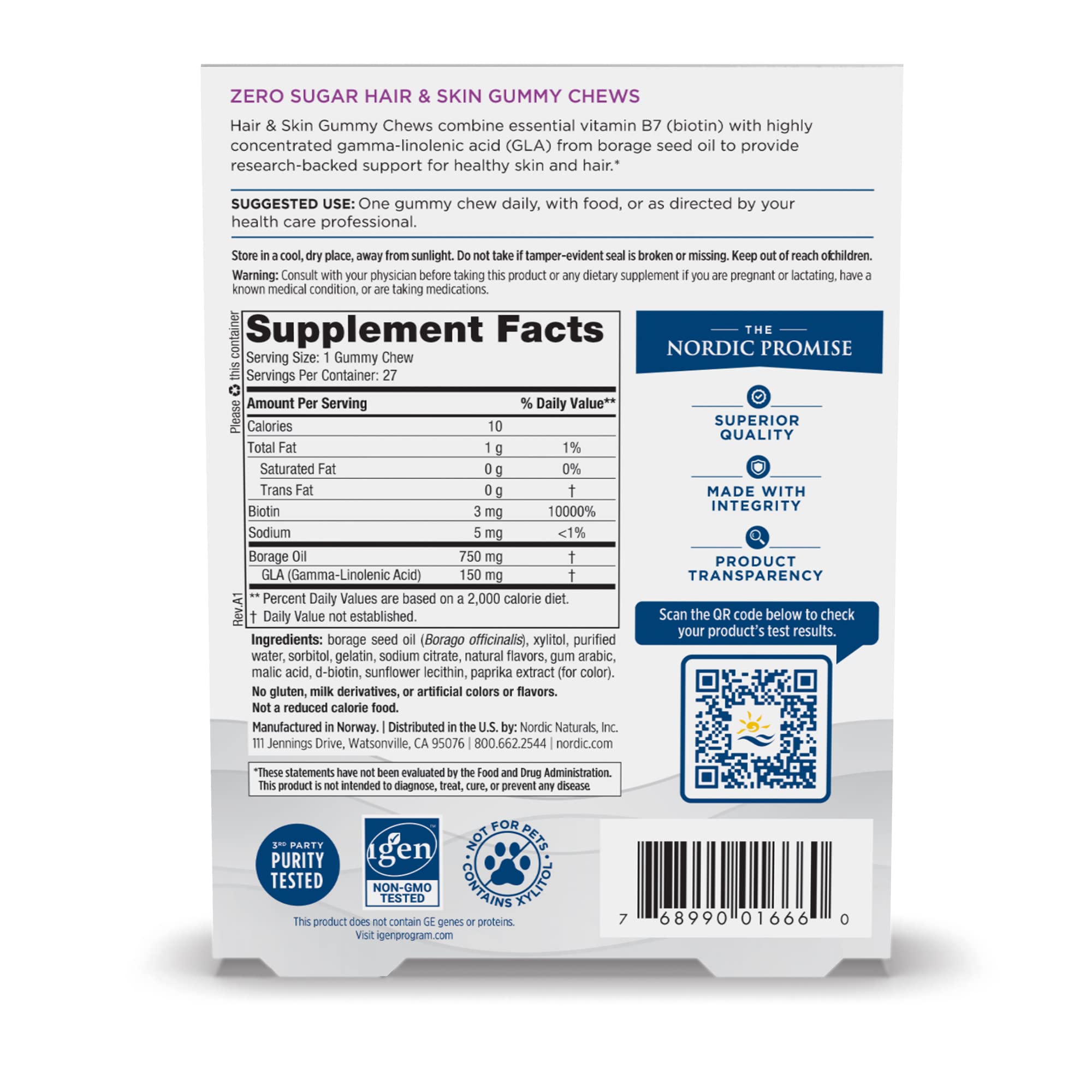 Nordic Naturals Zero Sugar Hair & Skin Gummy Chews, Strawberry Lemonade - 27 Gummy Chews - Biotin + GLA from Borage Oil - Promotes Healthy Balance of Fats in Skin - Non-GMO - 27 Servings