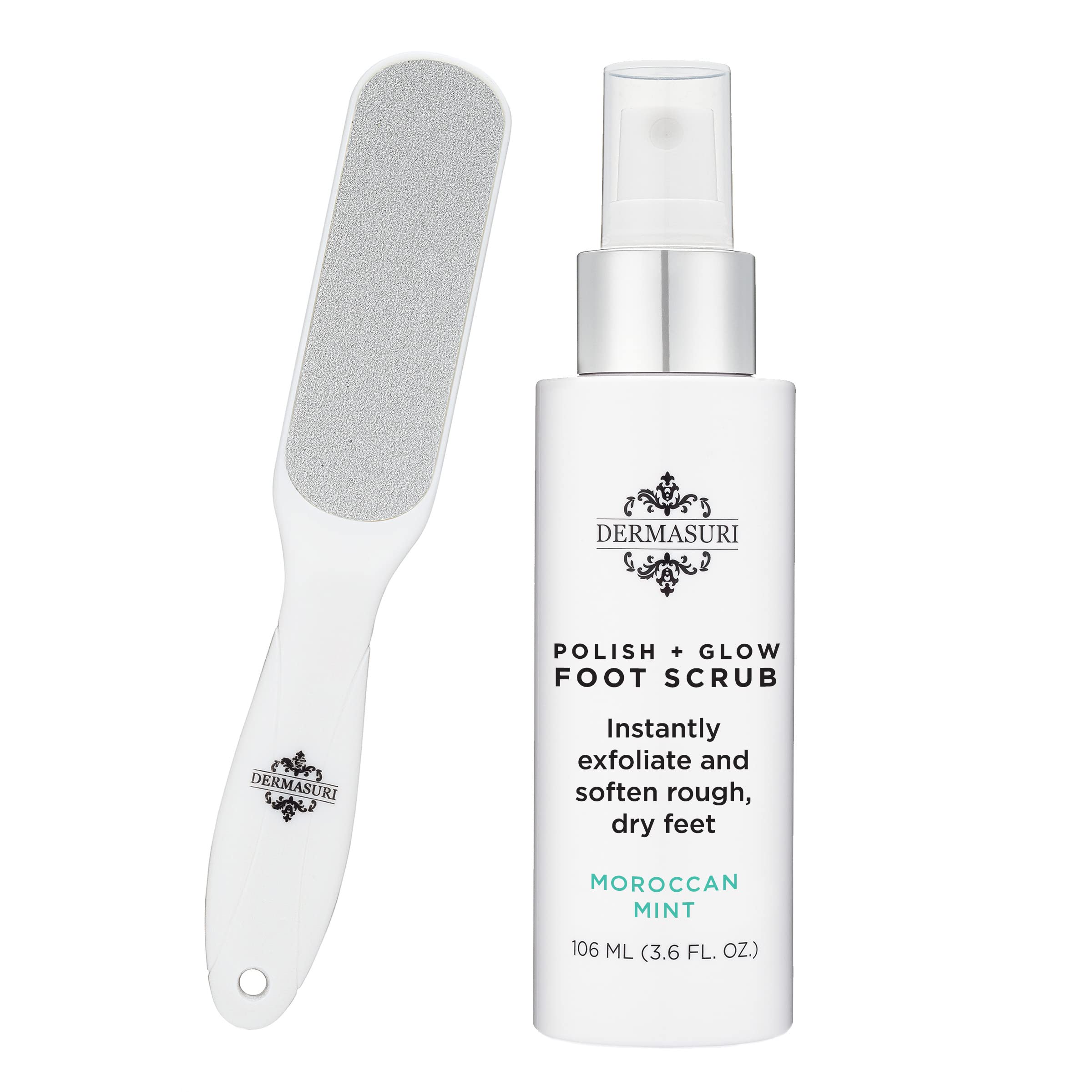 Dermasuri Callus Remover Foot Scrub - Exfoliating Feet Spray-on Formula and Reusable Deluxe Sole File - Dead Skin Remover, Callus Rasp, Scrubber, Peel & Soften Cracked Heels - Deluxe Pedicure Spa Kit