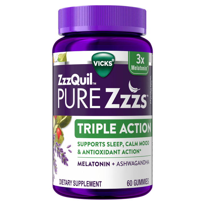 ZzzQuil PURE Zzzs Triple Action, Melatonin Gummies, Melatonin 6mg, 3X Melatonin, Sleep Aid with Ashwagandha, Calm Mood, Antioxidant Action, Sleep Aids for Adults, 60 Sleep Gummies