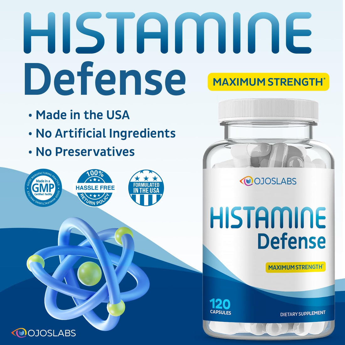OjosLabs Advanced Histamine Defense - Natural D-Hist Supplement to Block Histamine Intolerance - 120 Capsules