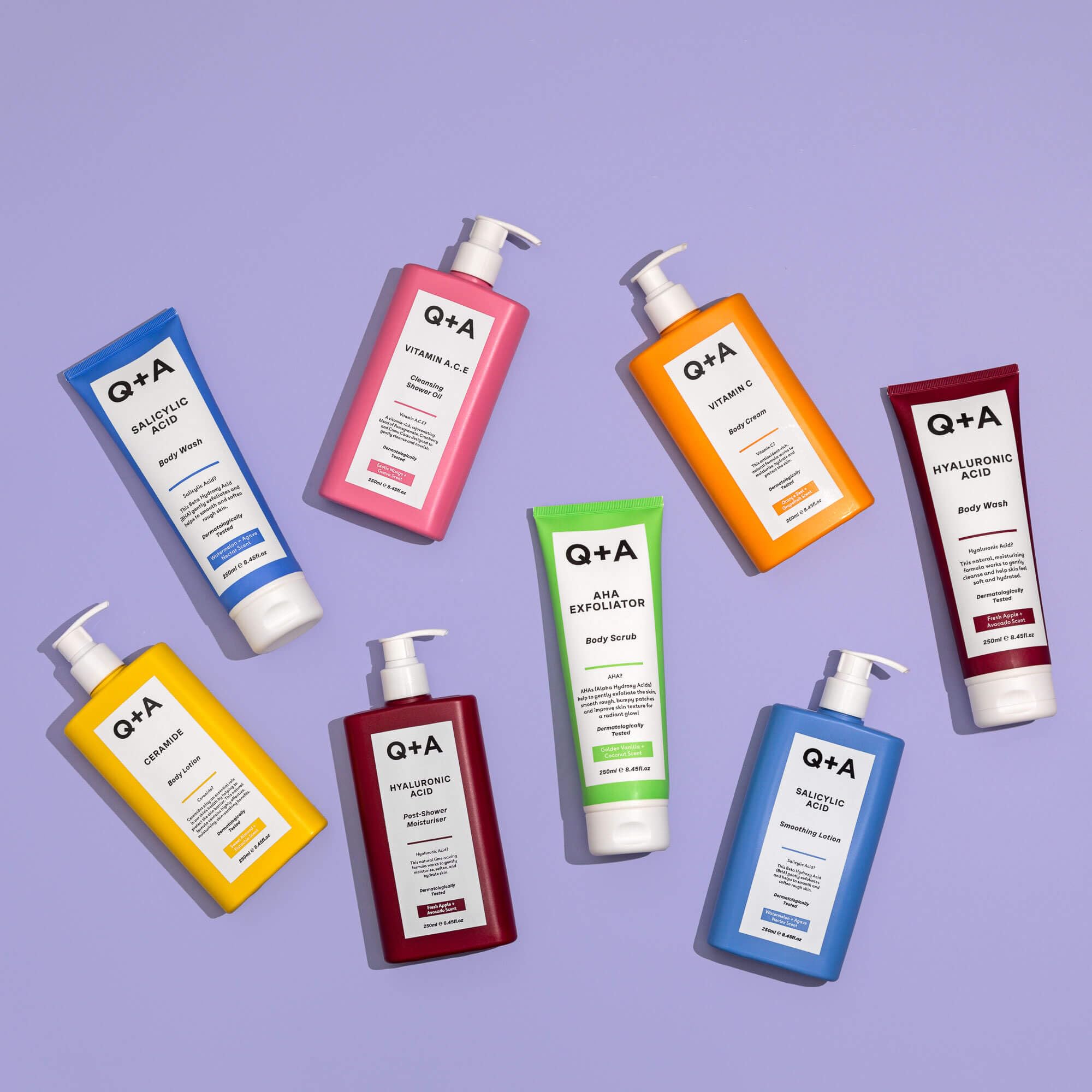 Q+A AHA Exfoliator Body Scrub, blend of AHA’s Lactic Acid and Glycolic Acid combined with exfoliants, improves skin texture and promotes soft and supple skin, 250ml