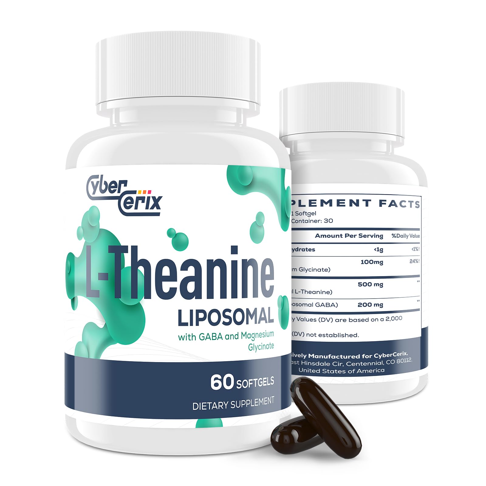 Liposomal L-Theanine 500mg, Complex with GABA 200mg & Magnesium 100mg, Extra Strength Supplement for Calm, Relaxation & Focus, Non-GMO & Gluten Free - 60 Capsules