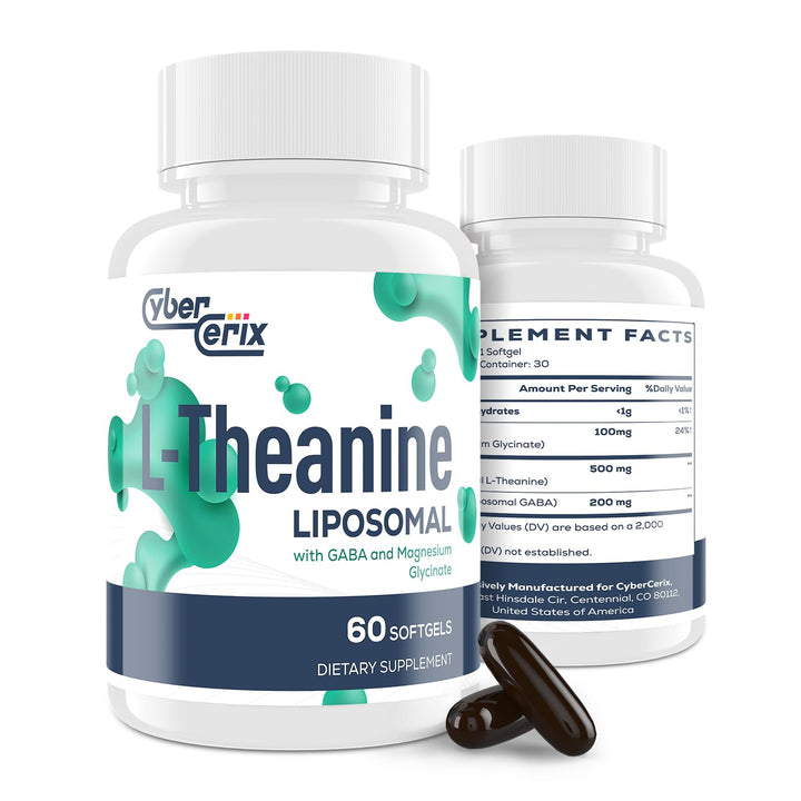 Liposomal L-Theanine 500mg, Complex with GABA 200mg & Magnesium 100mg, Extra Strength Supplement for Calm, Relaxation & Focus, Non-GMO & Gluten Free - 60 Capsules