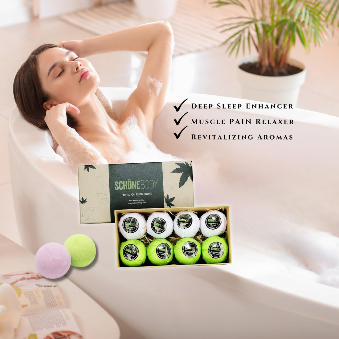 Hemp Bath Bombs, Large Set of 8 Bath Bombs. by Schone Body, 2 Relaxing Scents of Refreshing Mint and Hemp Oil and Soothing Lavender and Hemp Oil. Made with Pure Essential Oil Vegan Set
