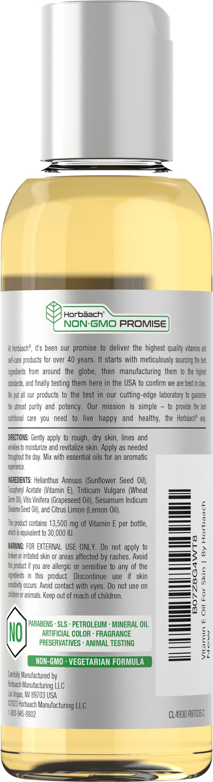 Horbäach Vitamin E Oil For Skin and Face | 30,000 IU | 4 fl oz | 100% Pure Oils | Moisturizing Skin Care | Non-GMO, Vegetarian | Lemon Scented