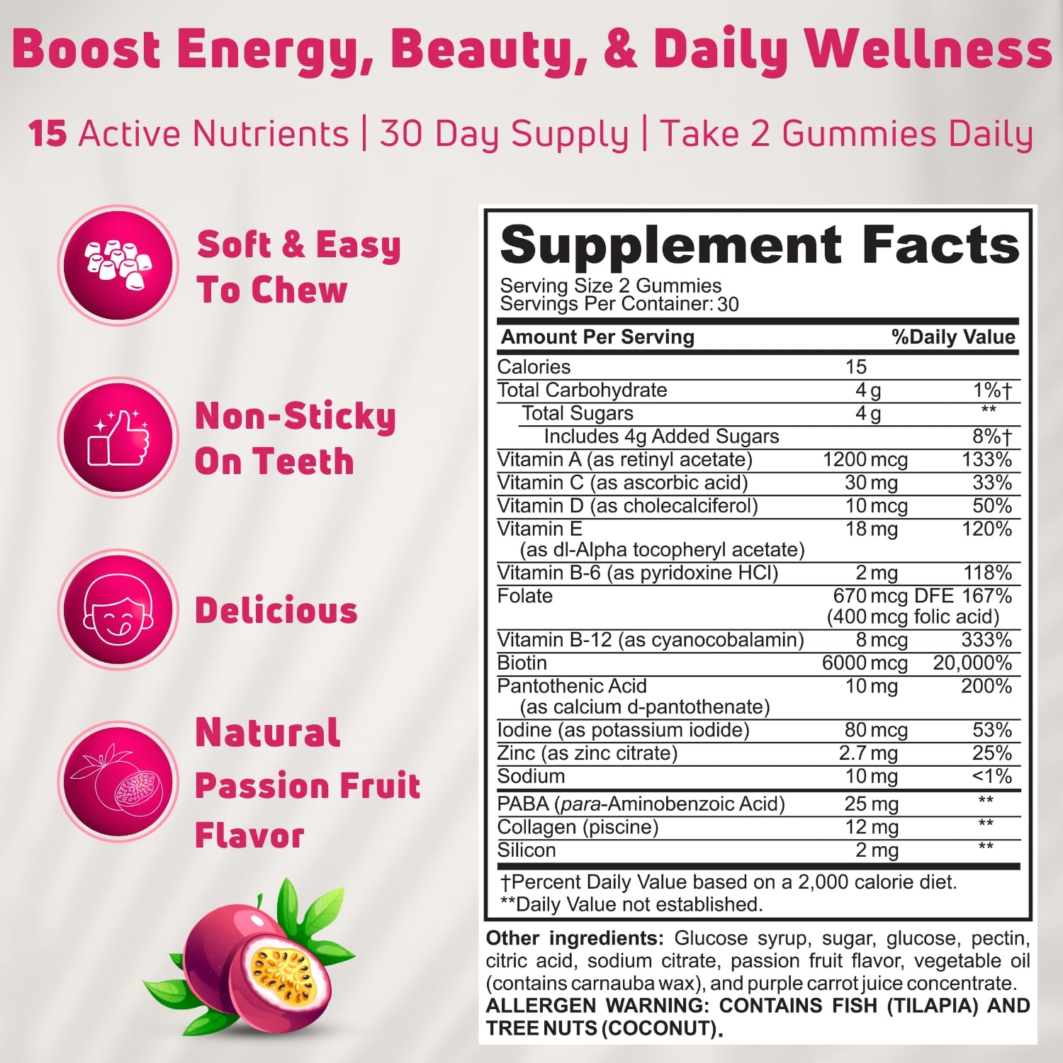 Beauty Multivitamins - Hair Skin and Nails Gummies with 6000mcg Biotin & PABA. Biotin Collagen Gummies w/ Daily Multivitamin for Women & Men. Hair Skin and Nails Vitamins, 30 Servings - Halal Vitamins