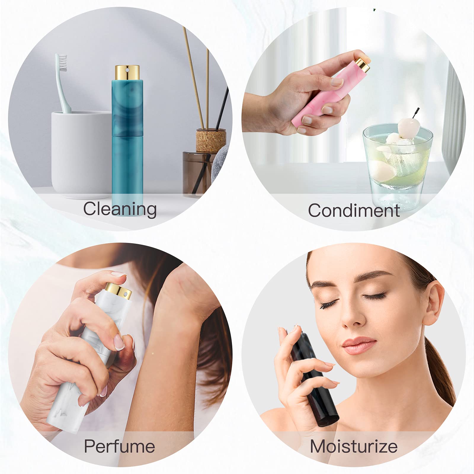 10ML Perfume Atomizer Travel (4 PCS), Refillable Cologne Containers, Dispenser Spray Empty Bottle for Mini Sprayer Size (Black&Pink&White&Blue, Marble)