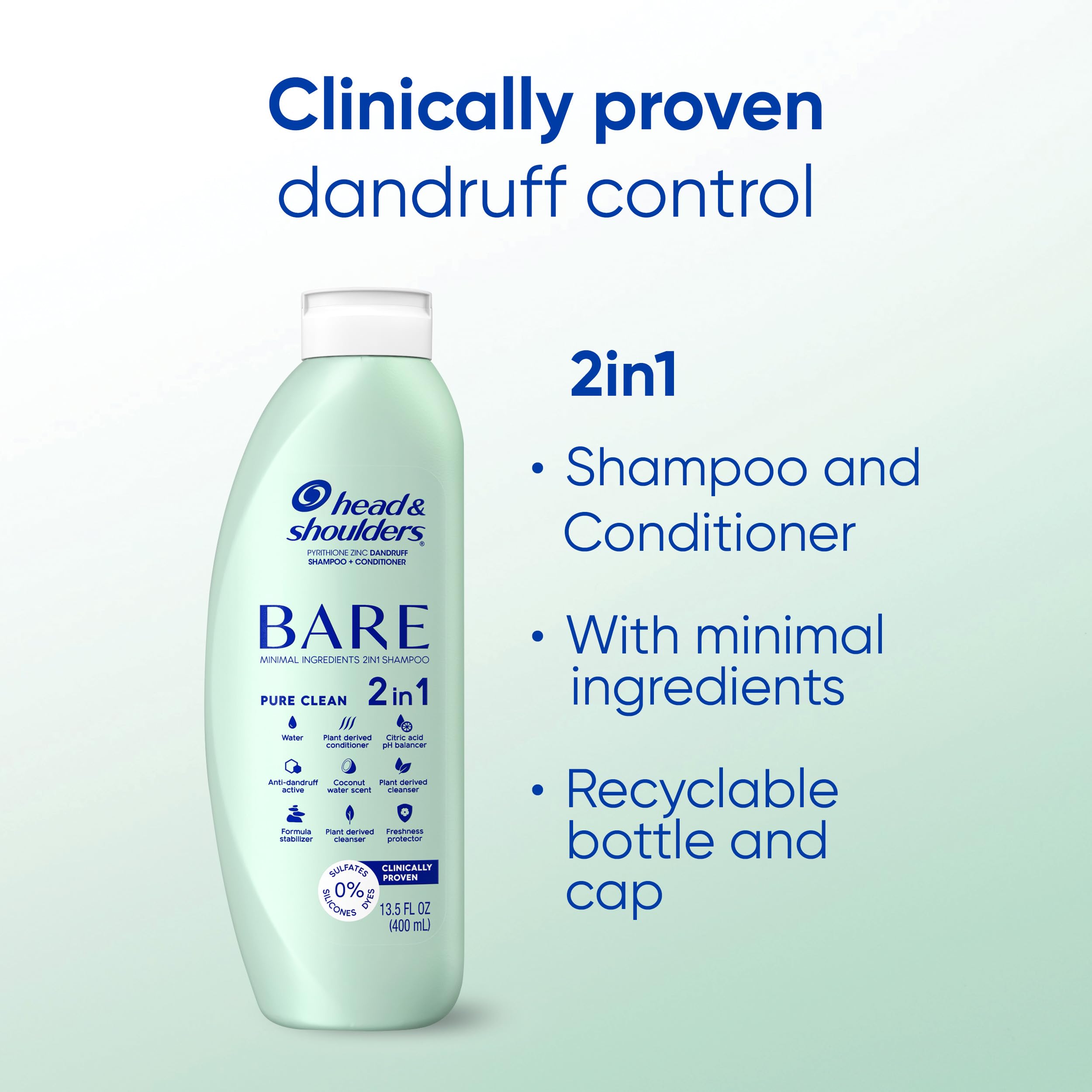 Head & Shoulders BARE 2-in-1 Dandruff Shampoo And Conditioner Twin Pack, Pure Clean, Sulfate-Free, Silicone-Free, Dye-Free, Eco-Friendly Bottles, Safe for All Hair Types, 13.5 Fl Oz Each (Set of 2)