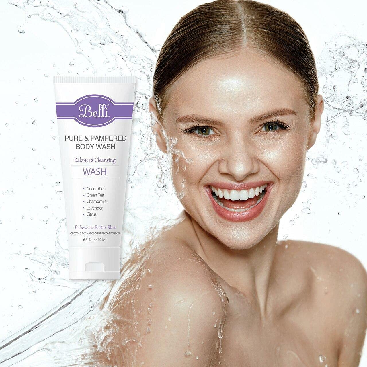 Belli Skincare Pure and Pampered Body Wash, Moisturizing Skin Cleanser, Contains Cucumber Green Tea Extracts, For All Skin Types, Dermatologist recommended, 6.5 Oz