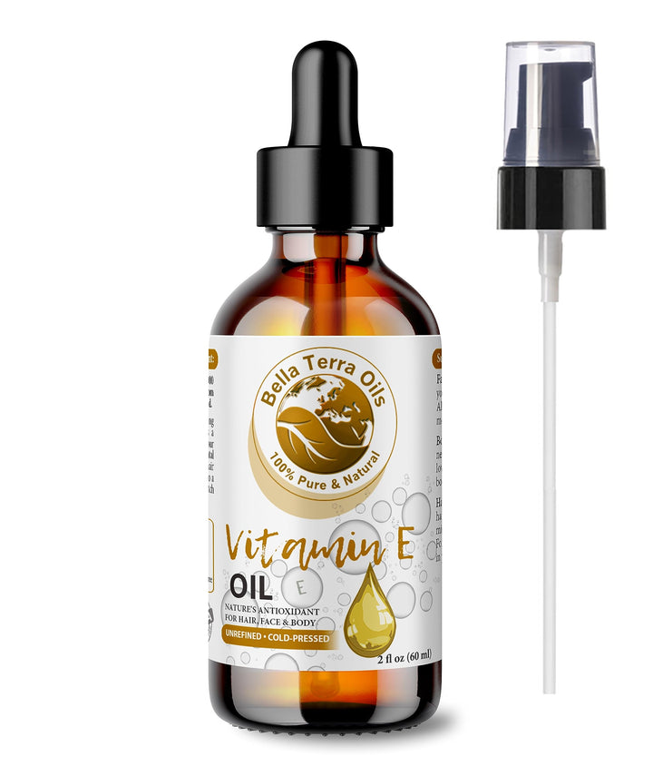Bella Terra Oils New Vitamin E Oil. 2Oz. Cold-Pressed. Unrefined. Organic. 100% Pure. D-Alpha Tocopherol. 75,000 Iu. Hexane-Free. Rejuvenates Skin. Natural Antioxidant. For Hair, Skin, Nails, Stret