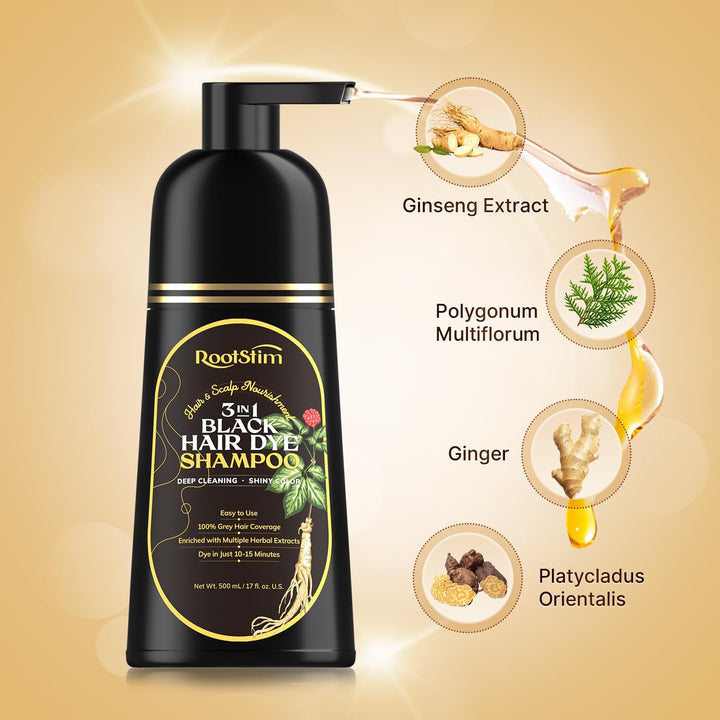 RootStim Natural Black Hair Dye Shampoo: Gray Hair Coverage in Minutes - Herbal Ingredients Hair Color Shampoo for Women Men 17 Fl Oz