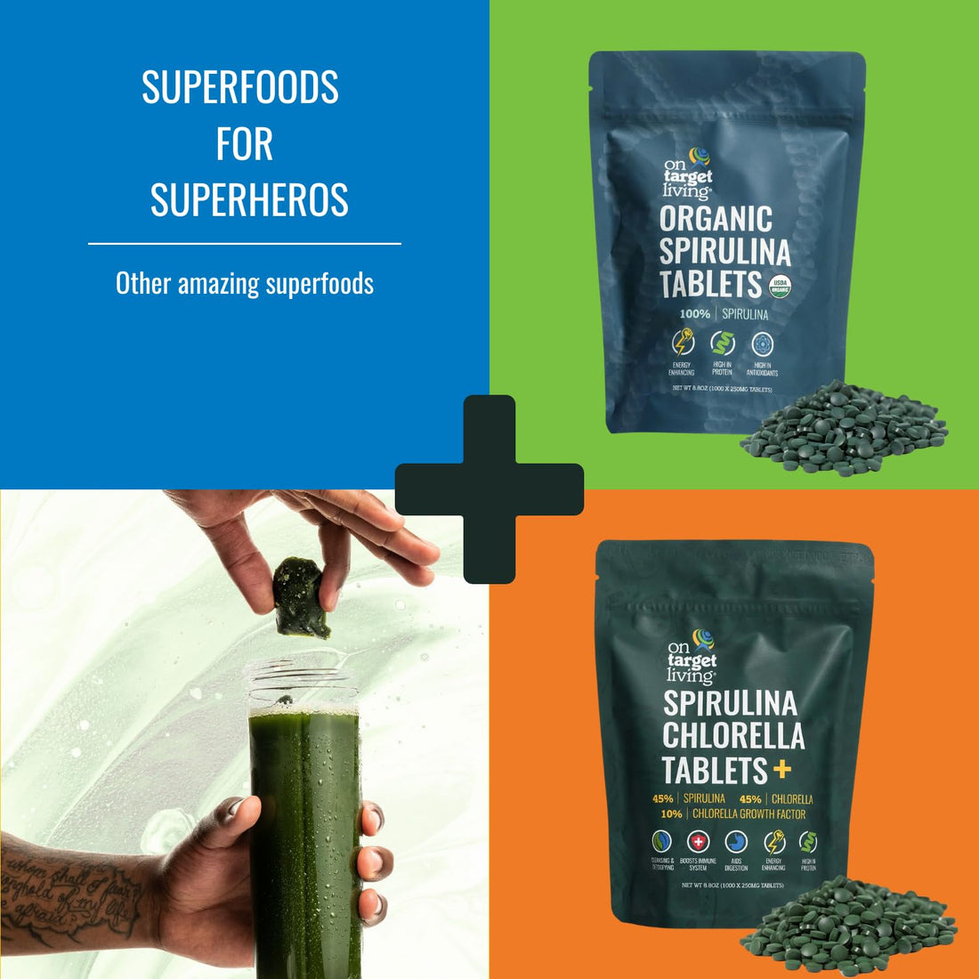 On Target Living Organic Spirulina Chlorella | USDA Organic | 1000 Tablets- 250 G (8.8 oz) | Vegan | Immune System Boosting | Alkalyzing | Nutrient Dense | Detoxifying | Protein Dense