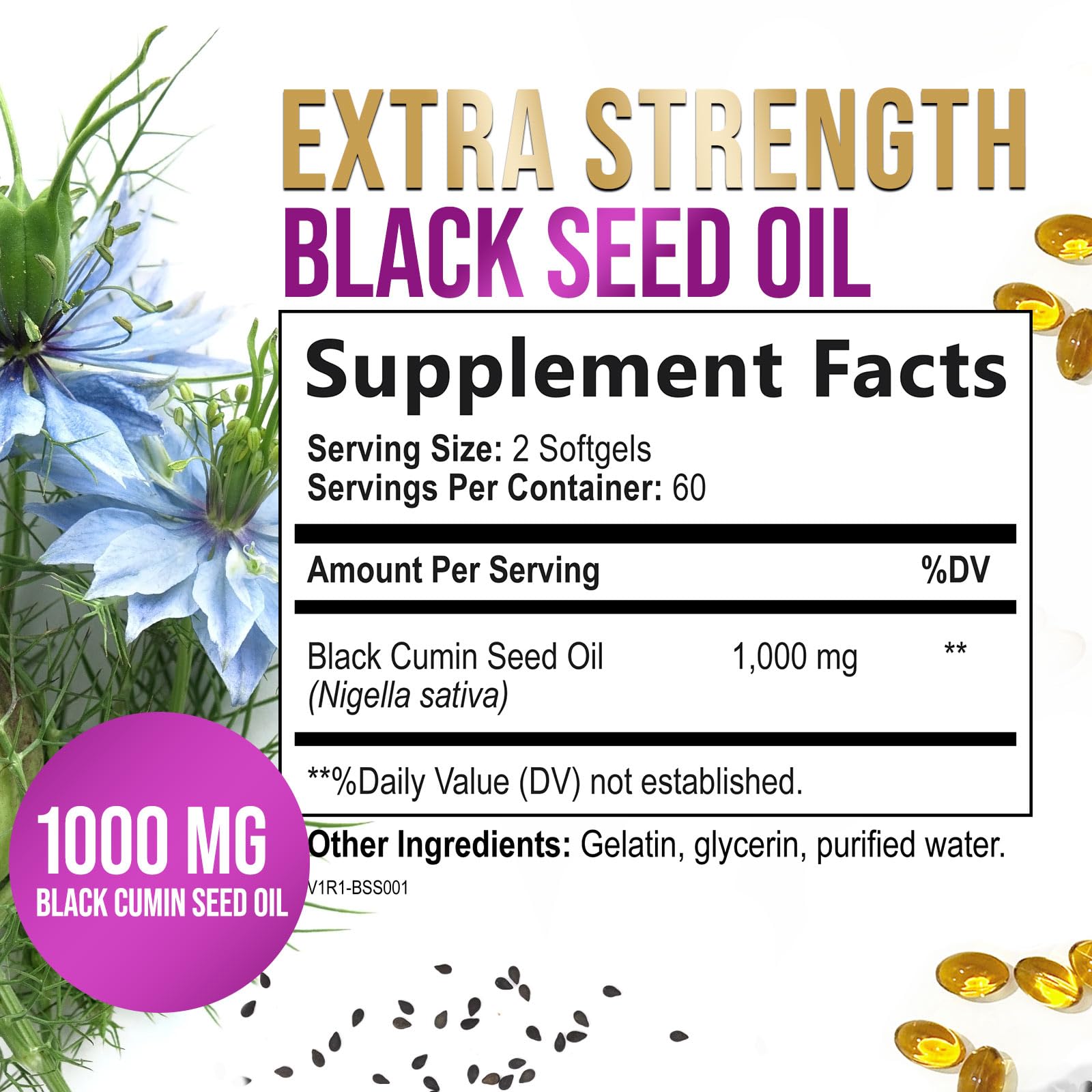 Black Seed Oil 1000mg - Premium Extra Strength Nigella Sativa Black Seed Oil - Black Cumin Seed Oil for Skin, Digestive Health & Immune Support - Non-GMO, Sugar Free & Bottled in USA - 120 Softgels