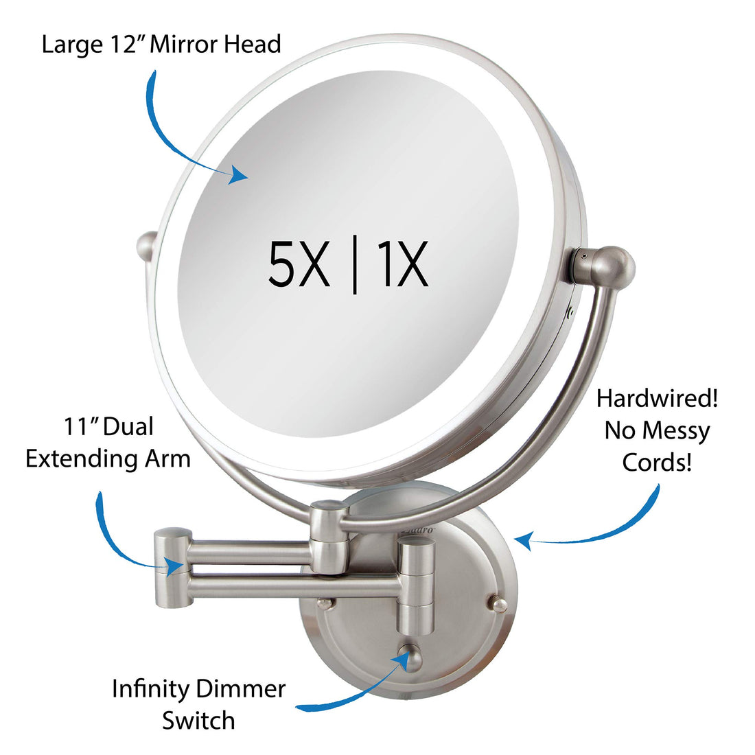 Zadro 5X Flurescent Surround Glamour Mirror Round Double Sided Dual Arm Hard Wire Ready, Satin Nickel, 14 inches