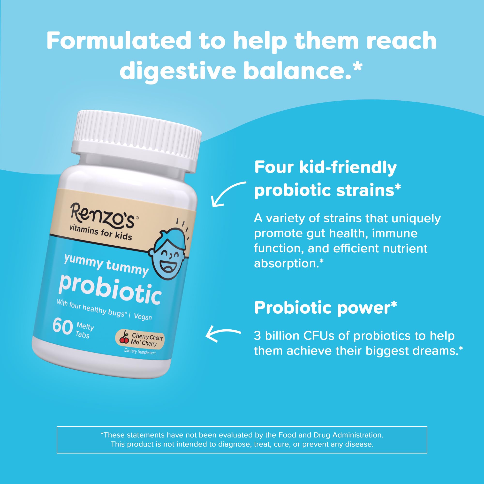 Renzo's Kids Probiotic - Dissolvable Probiotics for Digestive Health & Immune Support - 60 Cherry-Flavored Melty Tabs