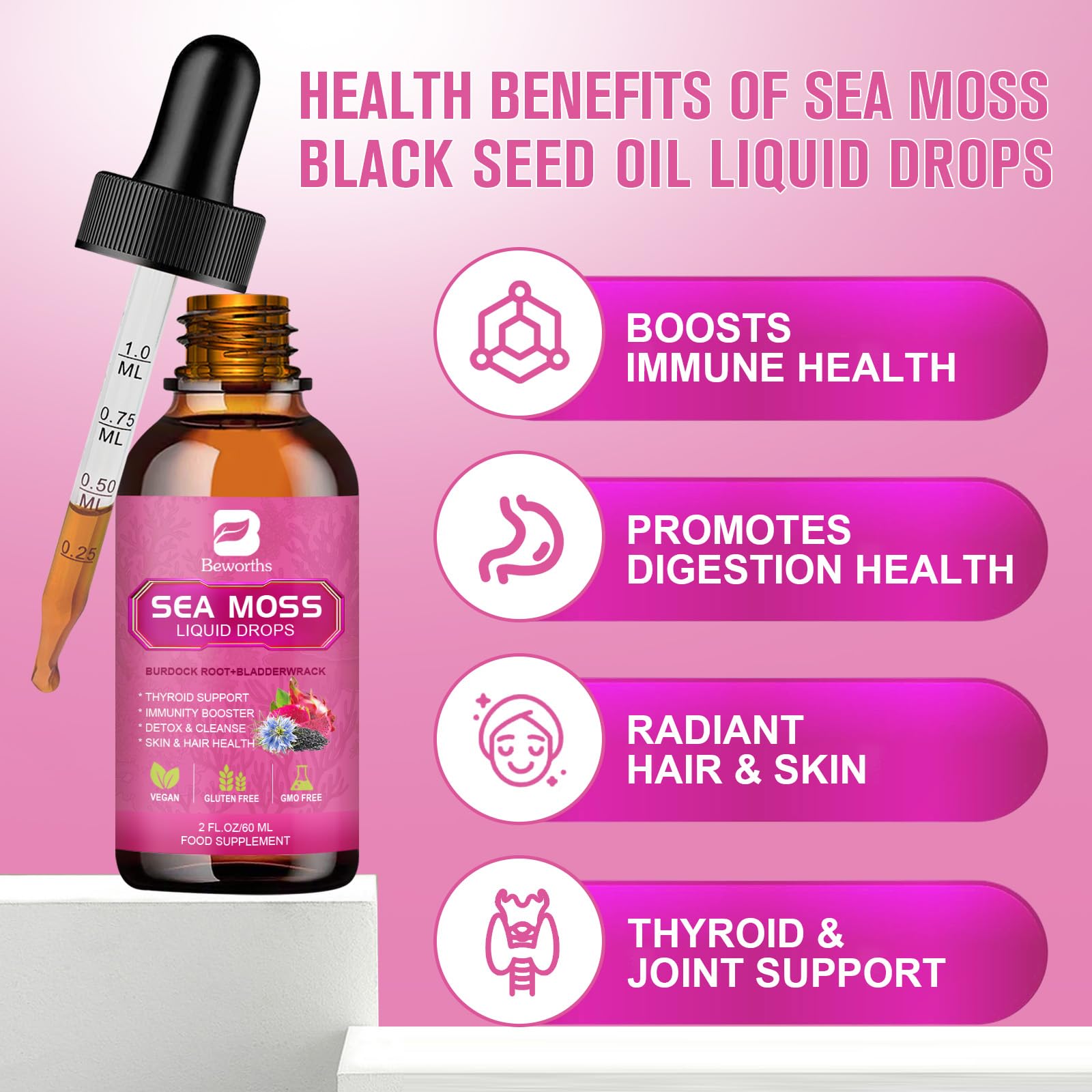 B BEWORTHS Sea Moss Liquid Drops - Organic Black Seed Oil Irish Sea Moss Gel with Burdock Root, Bladderwrack, Elderberry, Vitamin C, D3, 6X Stronger Seamoss Gel for Digestive, Hair Health - Vegan
