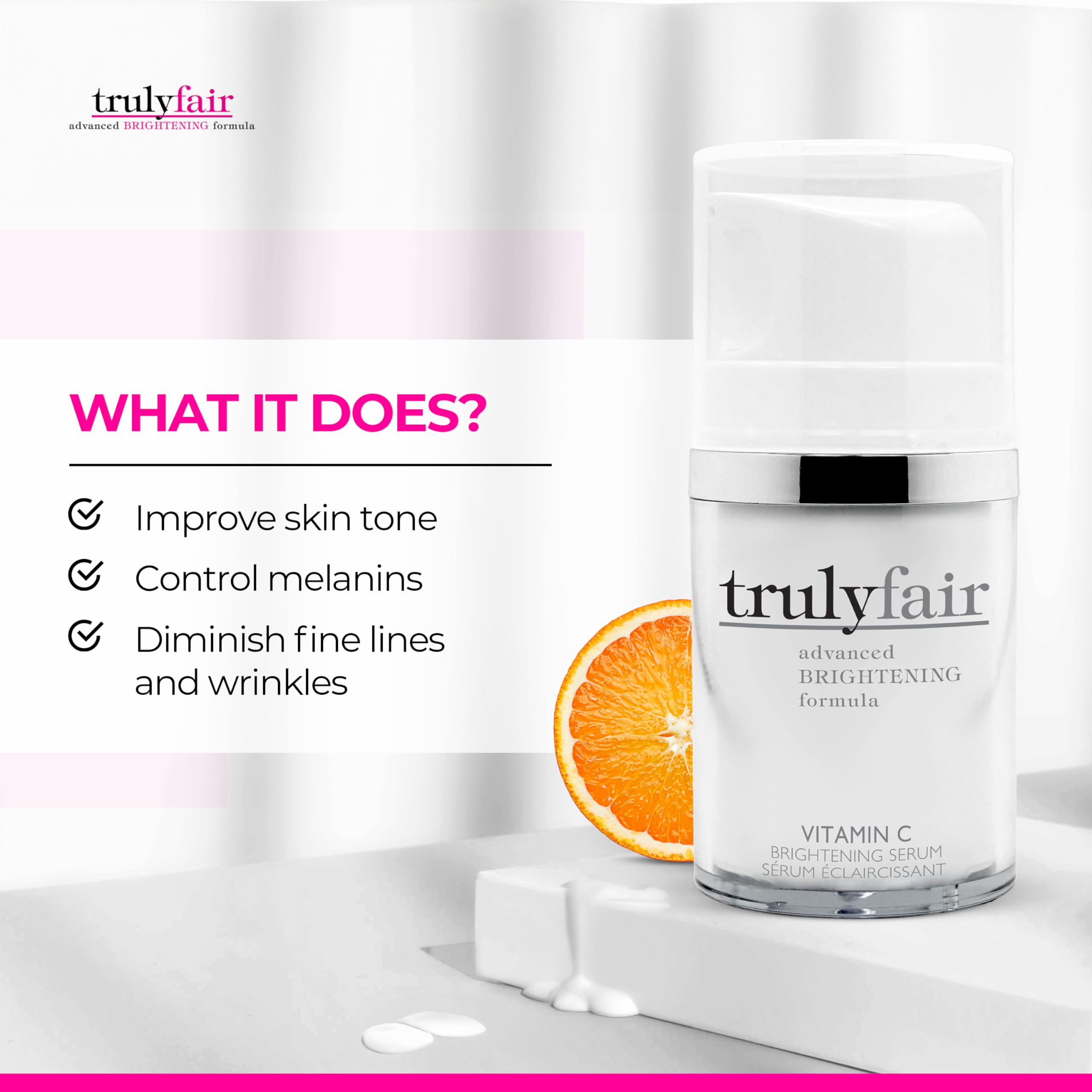 Truly Fair Vitamin C Brightening Serum for women - Hyaluronic Acid Serum for Skincare - Brightening, Anti-Wrinkle Serum - Hydrating, Anti-Ageing Serum - Paraben-free - 1 oz