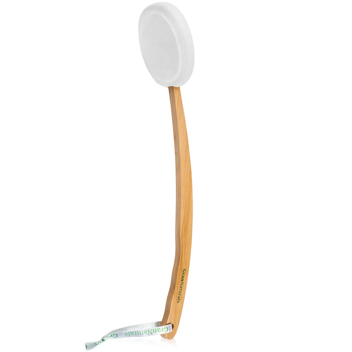 GranNaturals Lotion Applicator for Your Back, Legs, Feet - Long Curved Easy Reach Wooden Handle Body Brush for Suntan, Sunless Self Tanning, Skin Cream, Acne, Body Wash - Men and Women