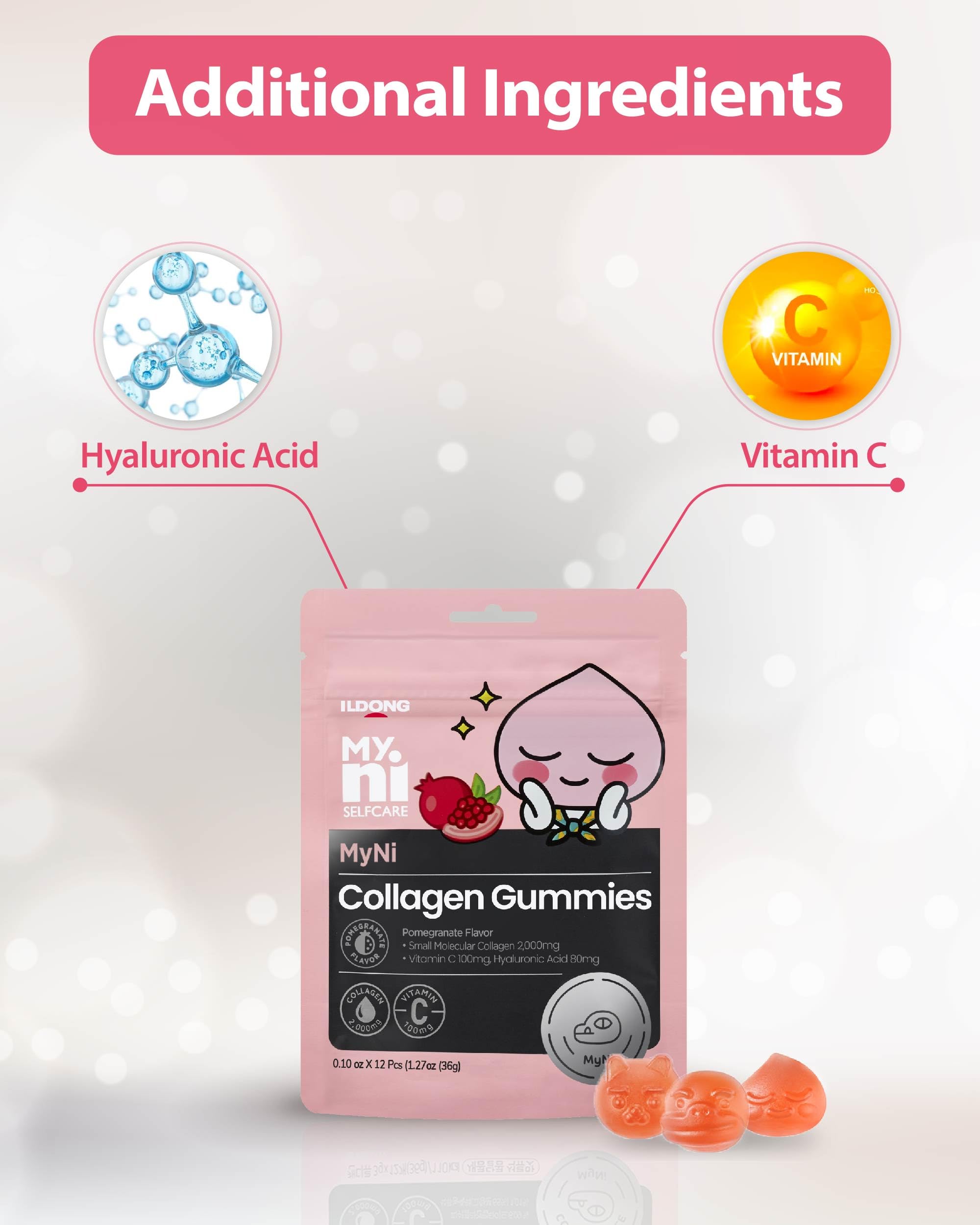 myni Collagen Gummies (12 Count) - Marine Collagen Supplement 2,000mg, Low-Molecular Weight Fish Collagen for Skin, Hair & Nails by Ildong. Vitamin C, Hyaluronic Acid.