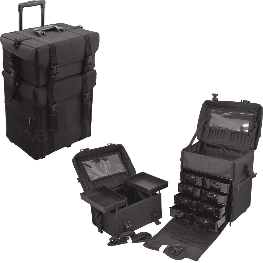 Sunrise 26.5 Inch 2-in-1 Nylon Soft-sided Pro Rolling Makeup Case with Drawers and Brush Holder in Black