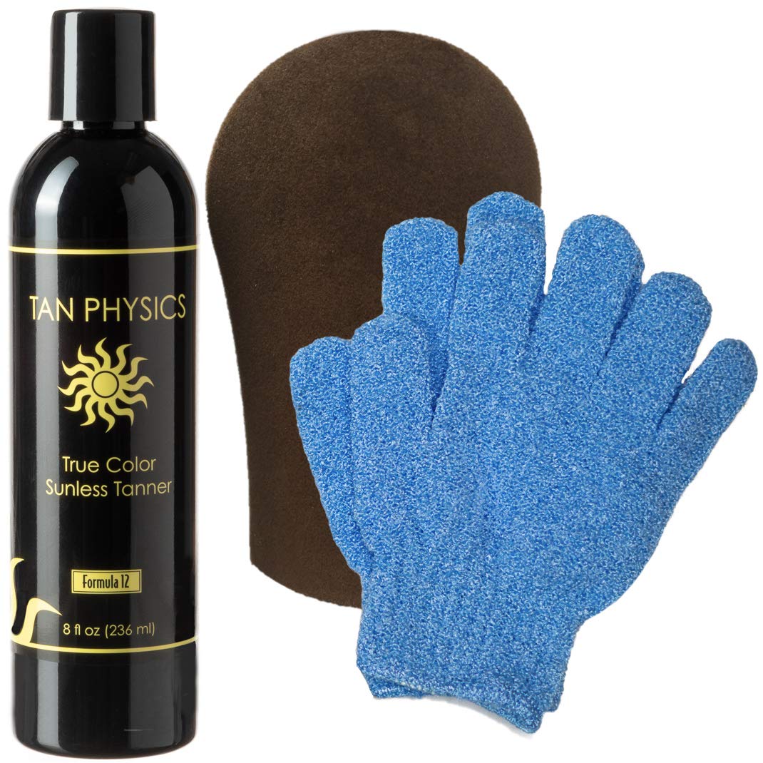 Tan Physics True Color Tanner 8 oz w/FREE Tanning Mitt and Exfoliation Gloves by Sans-Sun