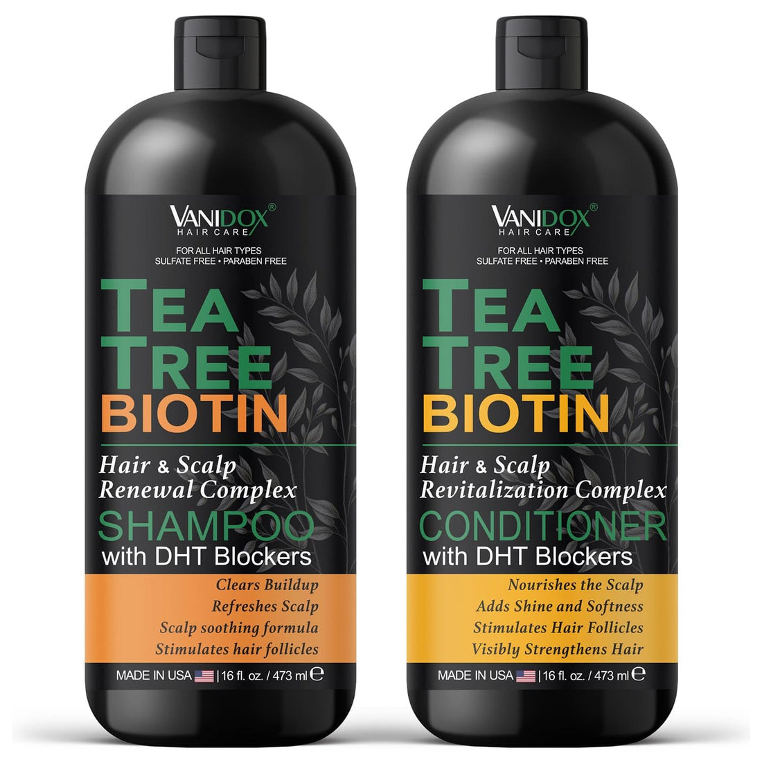 VANIDOX Tea Tree Shampoo and Conditioner Set With Biotin for Itchy and Dry Scalp - Sulfate and Paraben Free - 100% Pure Tea Tree Oil - 16 fl. oz. Each