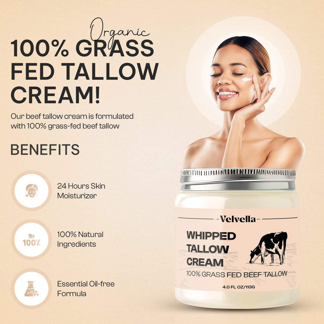 Beef Tallow for Skin - 100% Organic Grass-Fed Tallow Whipped Moisturizer | Unscented, Face + Body, 4 FL. oz Natural Nourishment