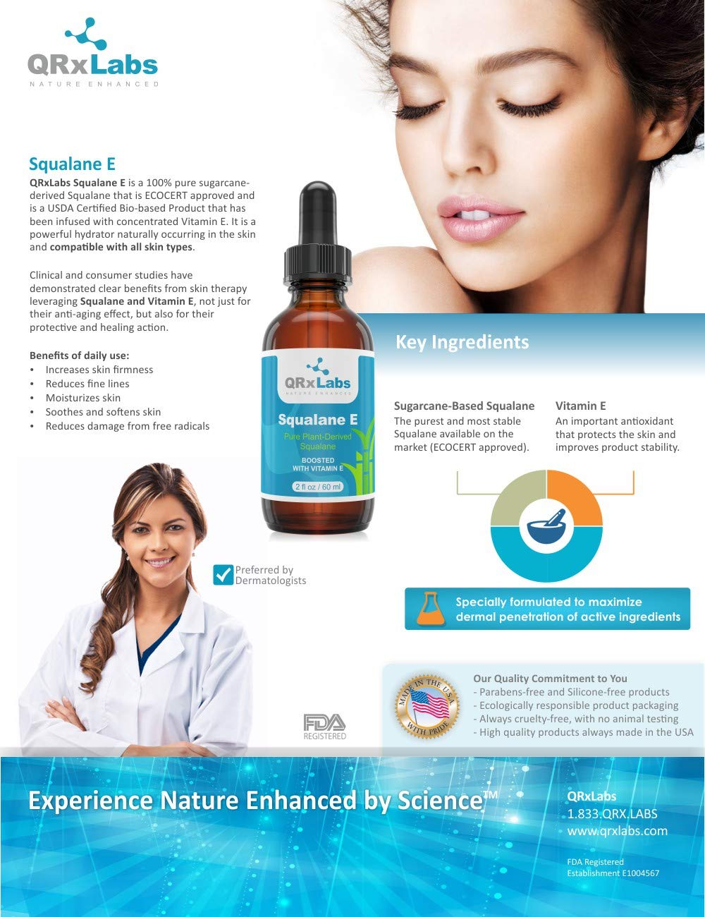 QRxLabs Pure Plant-Based Squalane Oil with Vitamin E (2 oz) - Organic ECOCERT/USDA Certified Squalane from Sugarcane - Moisturizer for Face, Body, Skin & Hair