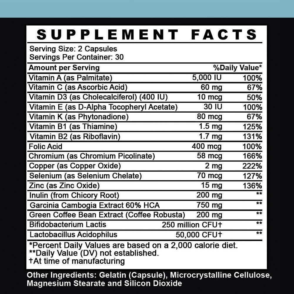 Angry Supplements Garcinia Cambogia with Probiotics, Gut Health Multivitamin w. Vitamins A, C, D, E, K, B2, Zinc, Selenium, Copper, Chromium + Herbal Blend Capsules (1-Bottle, 60ct)
