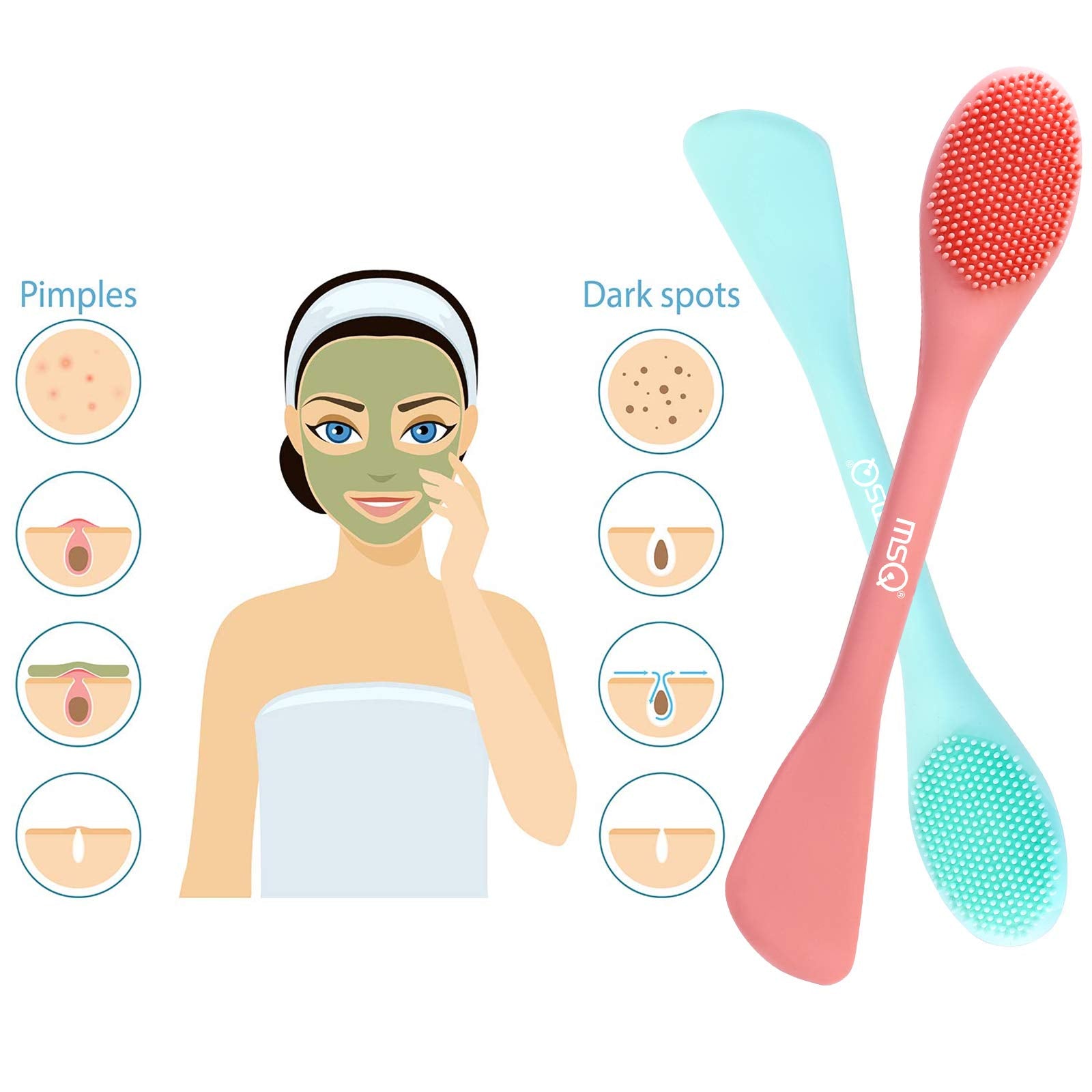 MSQ Silicone Face Mask Brush, Soft Facial Cleansing Scrubber, 2 Pack Double-End Facial Mask Brush for Mud, Clay, Charcoal Mixed Mask, DIY, Skincare Applicator Tools (Orange)