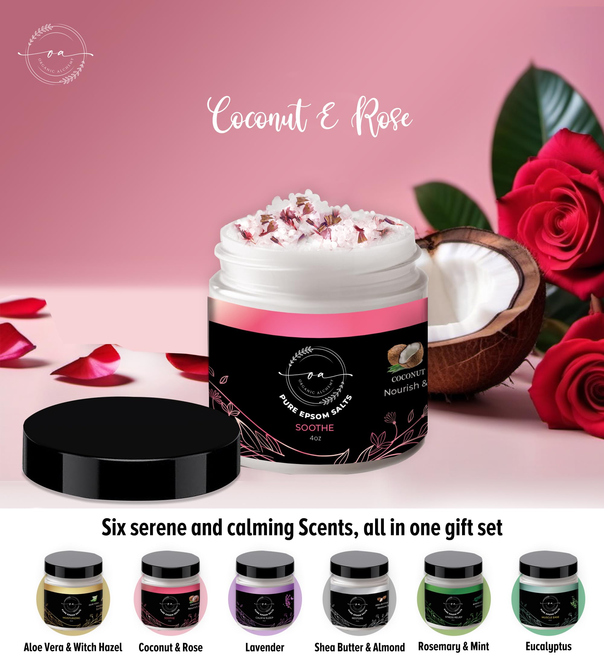 Epsom Bath Salts Gift Set, Relaxing Spa Salt & Essential Oils, Bubble Bath Soaks - Lavender, Eucalyptus, Coconut, Shea Butter, Rose Mary & Aloe Vera Self Care Gifts for Women (6 Pack)