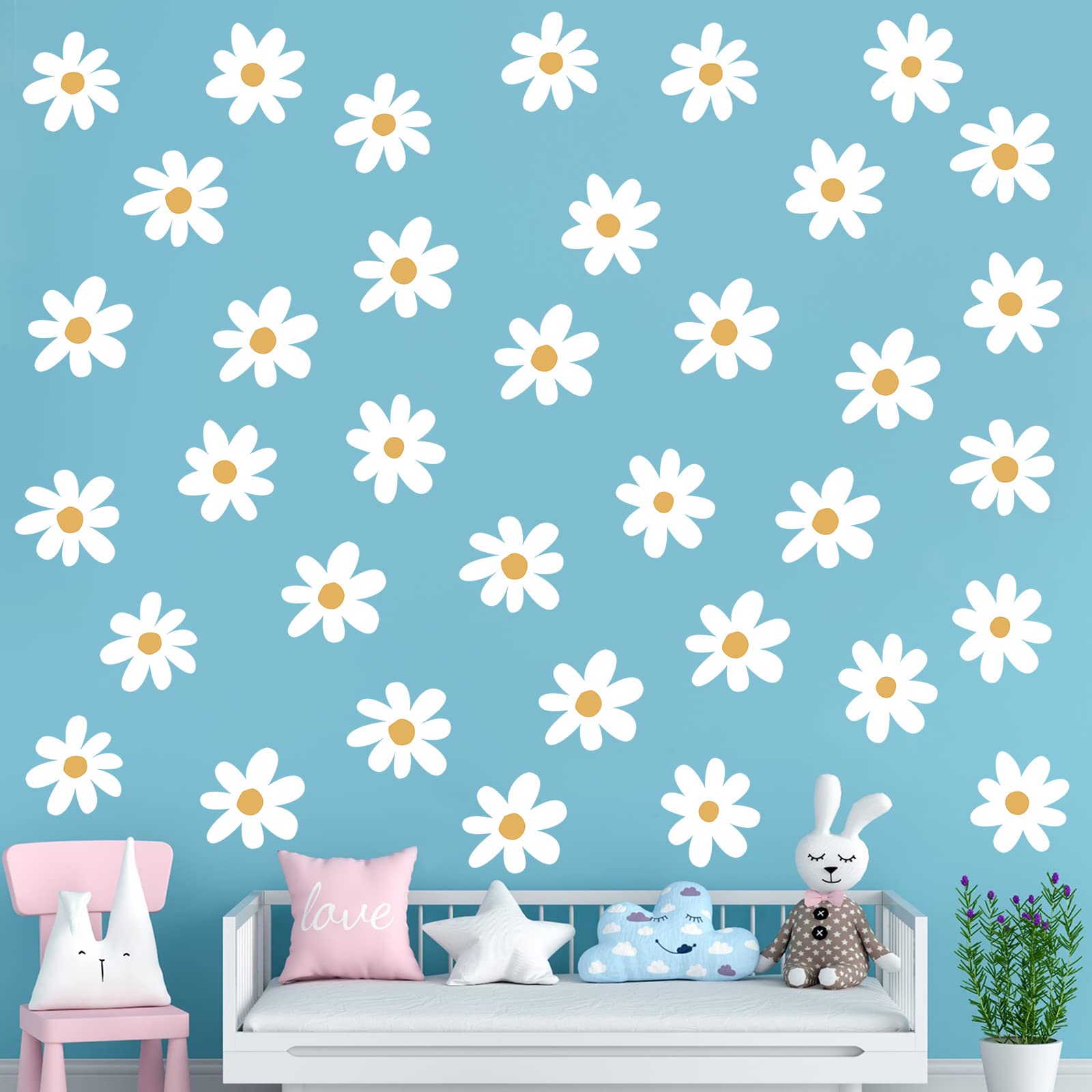 BBTO Daisy Wall Decal Flower Vinyl Wall Decals Daisy Decals Floral Decals Peel and Stick Daisy Stickers for Kids Nursery Wall Art Bedroom Living Room (White)