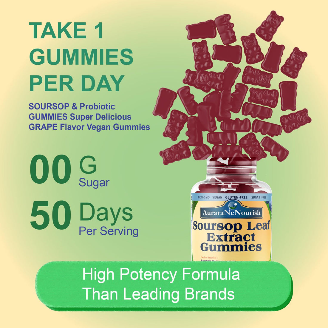 Sugar Free Soursop Gummies with Probiotics & Fiber 100 Billion CFUs, Organic Soursop Leave Extract with Vitamin C B-Complex for Digestive Gut Health, Energy Balance, Immune Boost