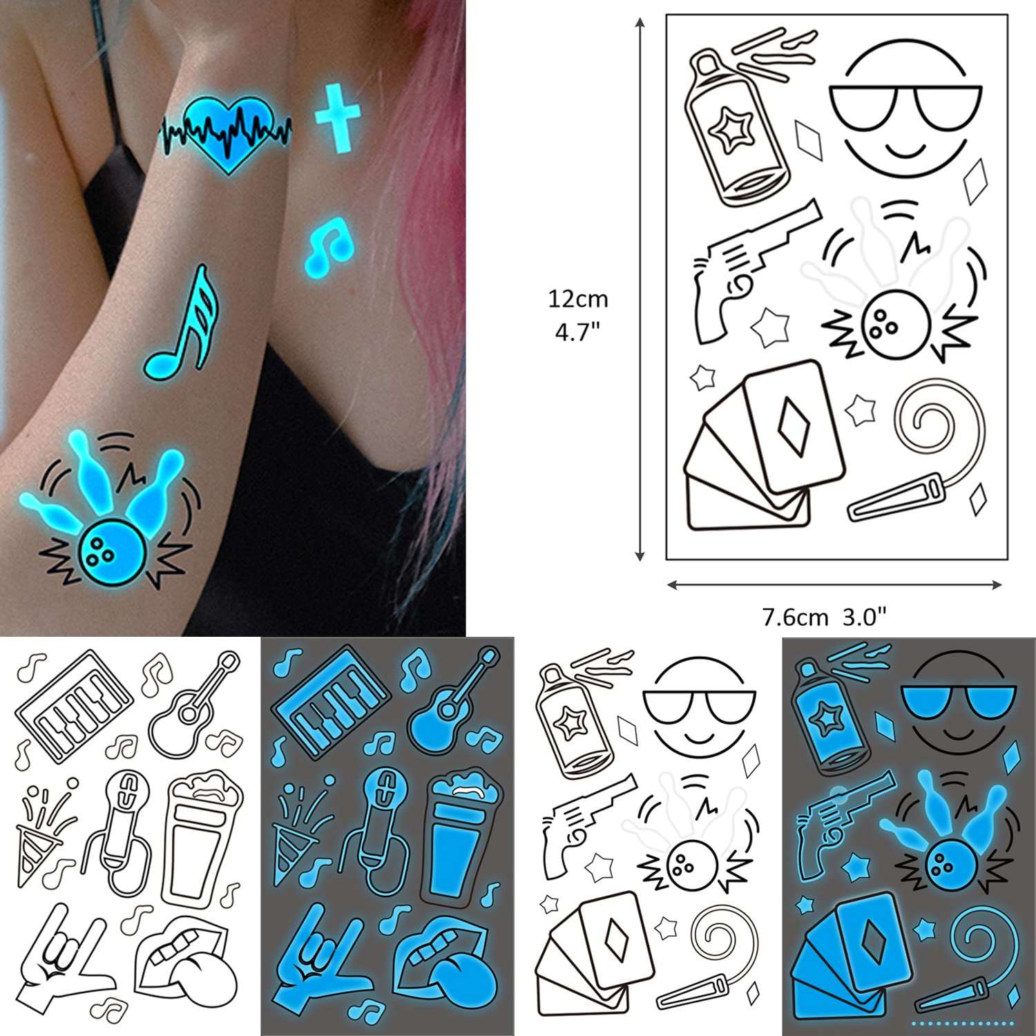 glaryyears 80+ Glow in the Dark Blue Temporary Tattoos for Adults, Mixed Style Tattoo, Luminous Pub Music Sexy Holiday Guns Fake Tattoo, Men Women Party Favor Supplies
