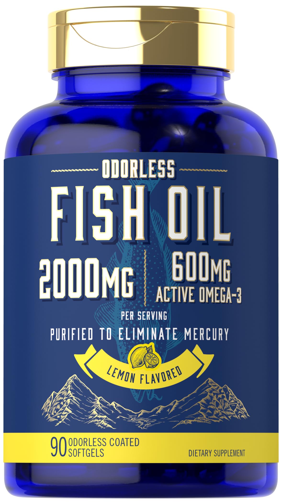 Carlyle Fish Oil 2000mg | 600mg Omega 3 with EPA & DHA | 90 Odorless Softgels | Lemon Flavored Supplement | Non-GMO & Gluten Free Pills