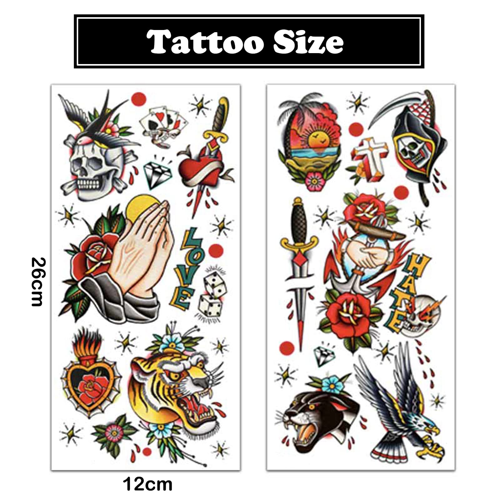 PUSNMI 120Ãƒâ€”260mm Classic Temporary Tattoo Sailor Jerry Temporary Tattoos for Women Men Cool Skull Tattoo for Arm Leg Face Lasting Mix Style Body Art Tattoos for Halloween Club