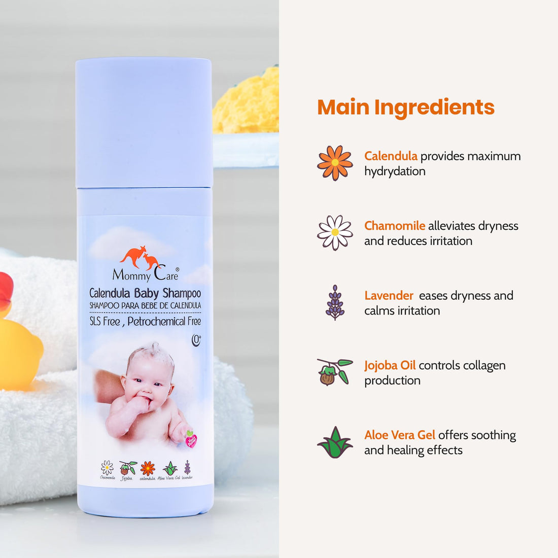 Mommy Care Natural Baby Shampoo – Gentle & Nourishing Calendula Shampoo for Newborns, SLS-Free, Vegan & Cruelty-Free, 200 ml / 6.76 fl oz