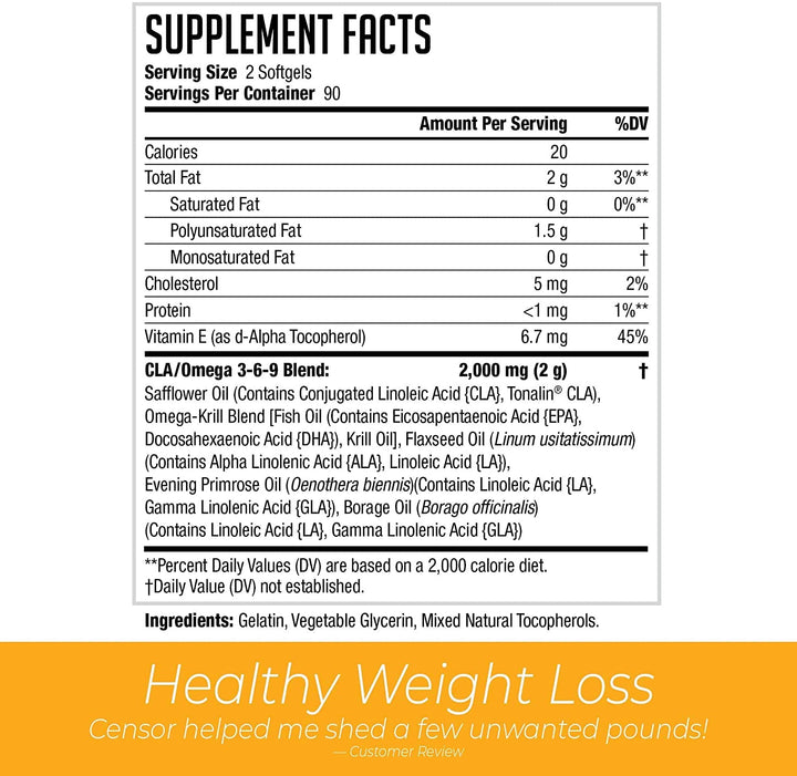 NDS Nutrition Censor - Fat Loss and Body Toner with CLA, Fish Oil, Safflower and Omega 3-6-9 Blend - Dietary Supplement for Improved Energy, Metabolism and Health - 180 Softgels