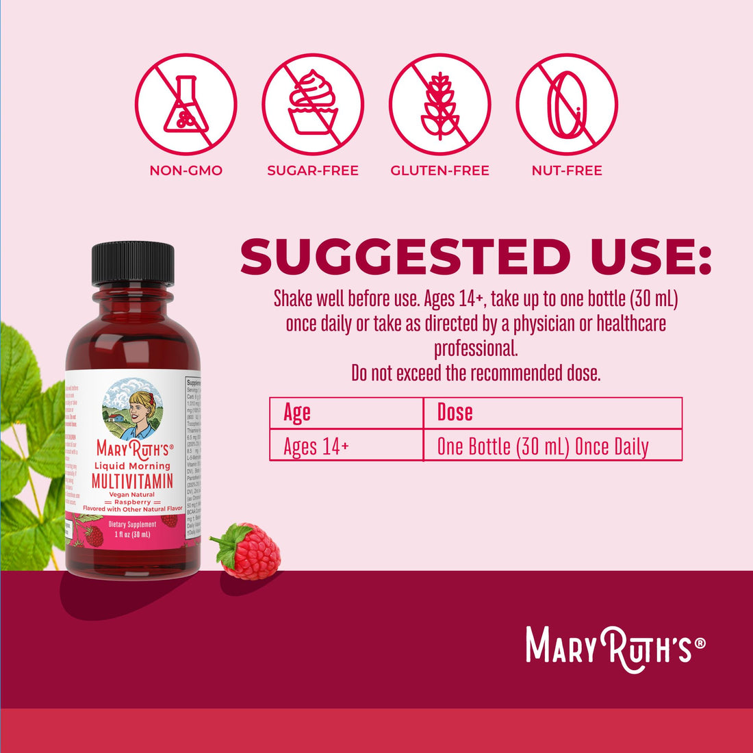 MaryRuth Organics Multivitamin for Women Men & Kids No Added Sugar | Morning Raspberry | Liquid Vitamins for Adults & Kids | Mens | Womens Multivitamin | Energy & Beauty Booster | 16-1 Fl Oz Bottles