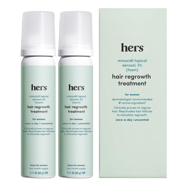 hers Topical Minoxidil Foam, 5% - Extra Strength Hair Growth Treatment for Women - Clinically Proven to Reduce Hair Loss in 3-6 Months - Unscented, 2 Month Supply, 2 Pack