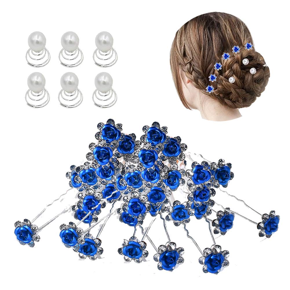 Royal Blue Set: Insowni 40Pcs Bridal Wedding Rhinestone Rose Flower U-Shaped Hair Pins & 6Pcs Twist Pearl Hairpins Headpiece Set In Gift Box For Women Girls Bridesmaid (Royal Blue
