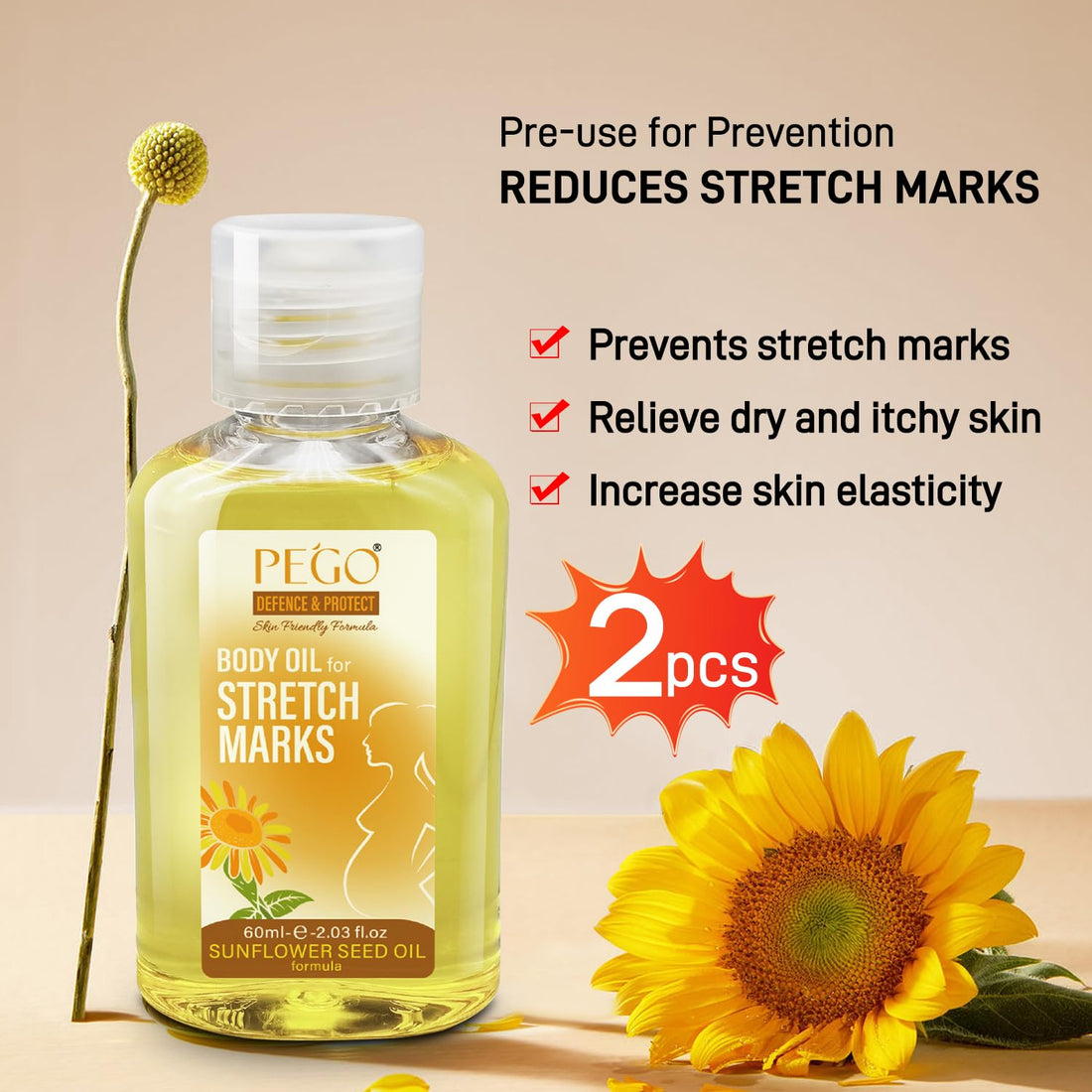 PEGO Stretch Mark Oil for Pregnancy, Maternity Body Oil for Stretch Mark Prevention & Reduction, Hydrating Skin Care, 4.06oz (2Pack)