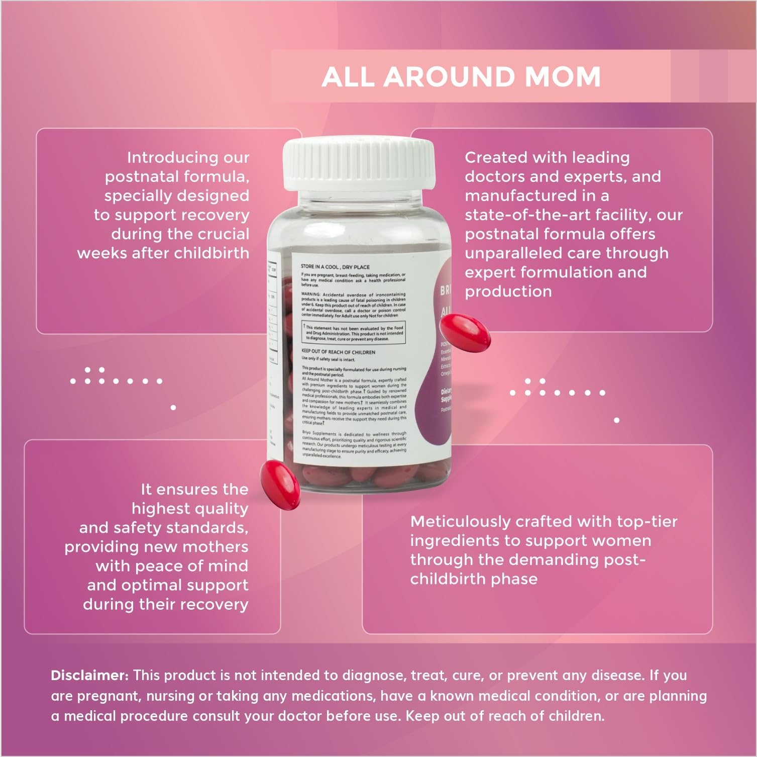 Briyo All Around Mom - Dietary Supplement for Postnatal Support Enhances Recovery, Promotes Overall Well-Being - All-in-one Solution - Collagen, Vitamins & Minerals, Omega3, and More - 60 softgels