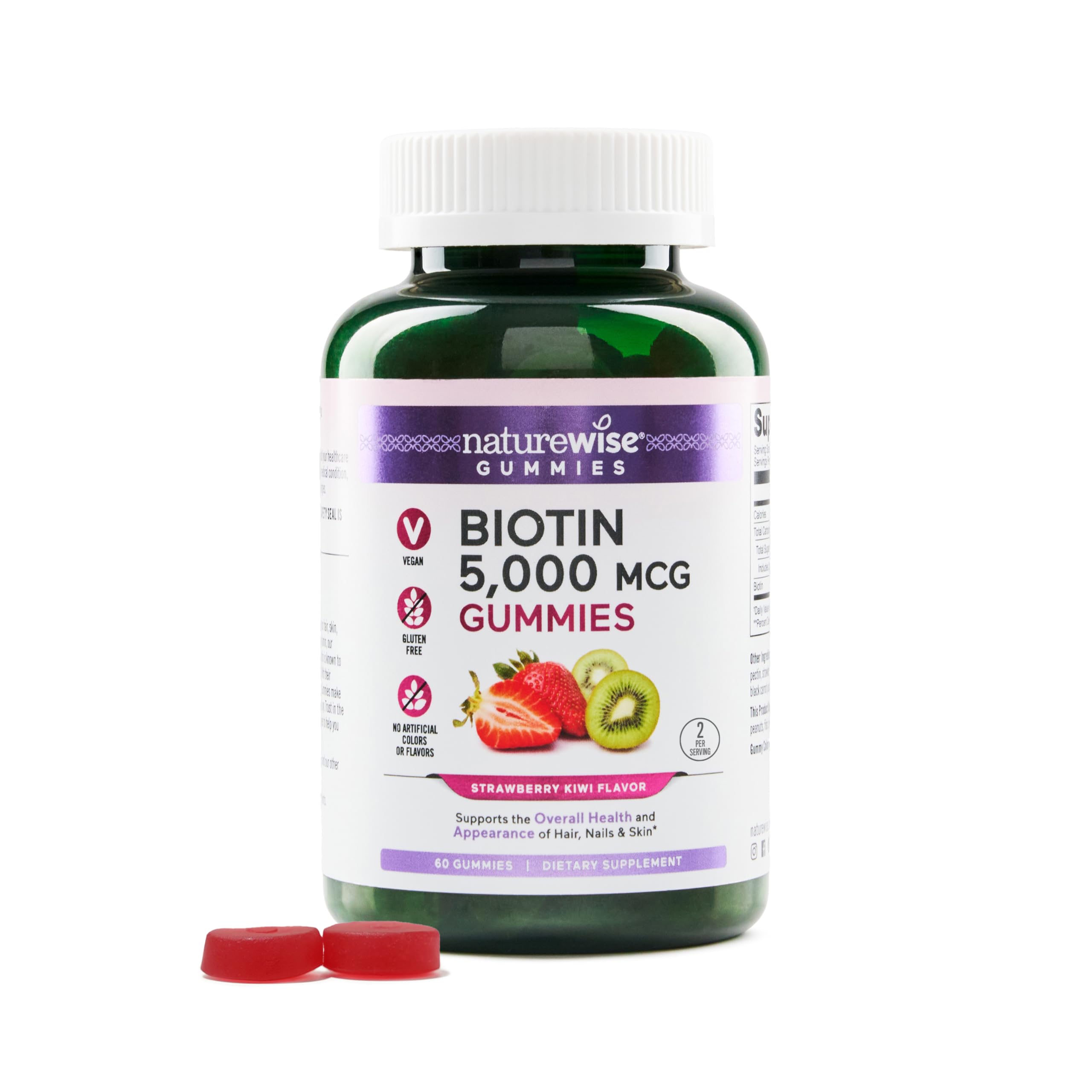 NatureWise Biotin Gummies - Supports Healthy Hair, Skin and Strong Nails - Vitamin B7 5000mcg - Natural Beauty - Strawberry-Kiwi Flavor - Vegan, Non-GMO, Gluten Free - 60 Count[30 Day Supply]