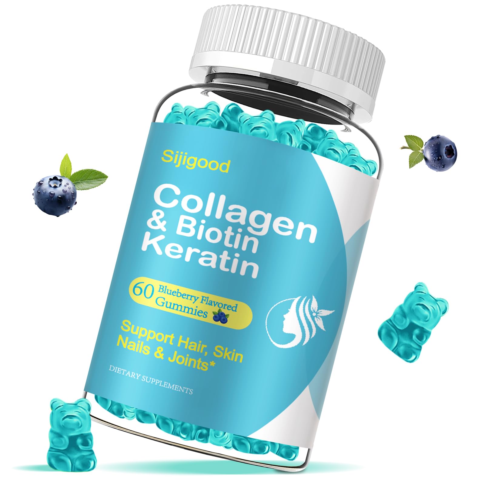 Sijigood Biotin Gummies with Collagen, Keratin, Hyaluronic Acid, Vitamin for Skin, Hair Growth, Nails, Women Men Adults Kids - 60 Blueberry Flavored Gummies